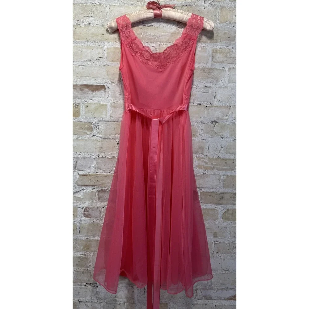 Pink Chiffon Nightgown Peignoir Robe Barbie Ballerina Sissy Coquette Vintage 60s - Picture 4 of 15